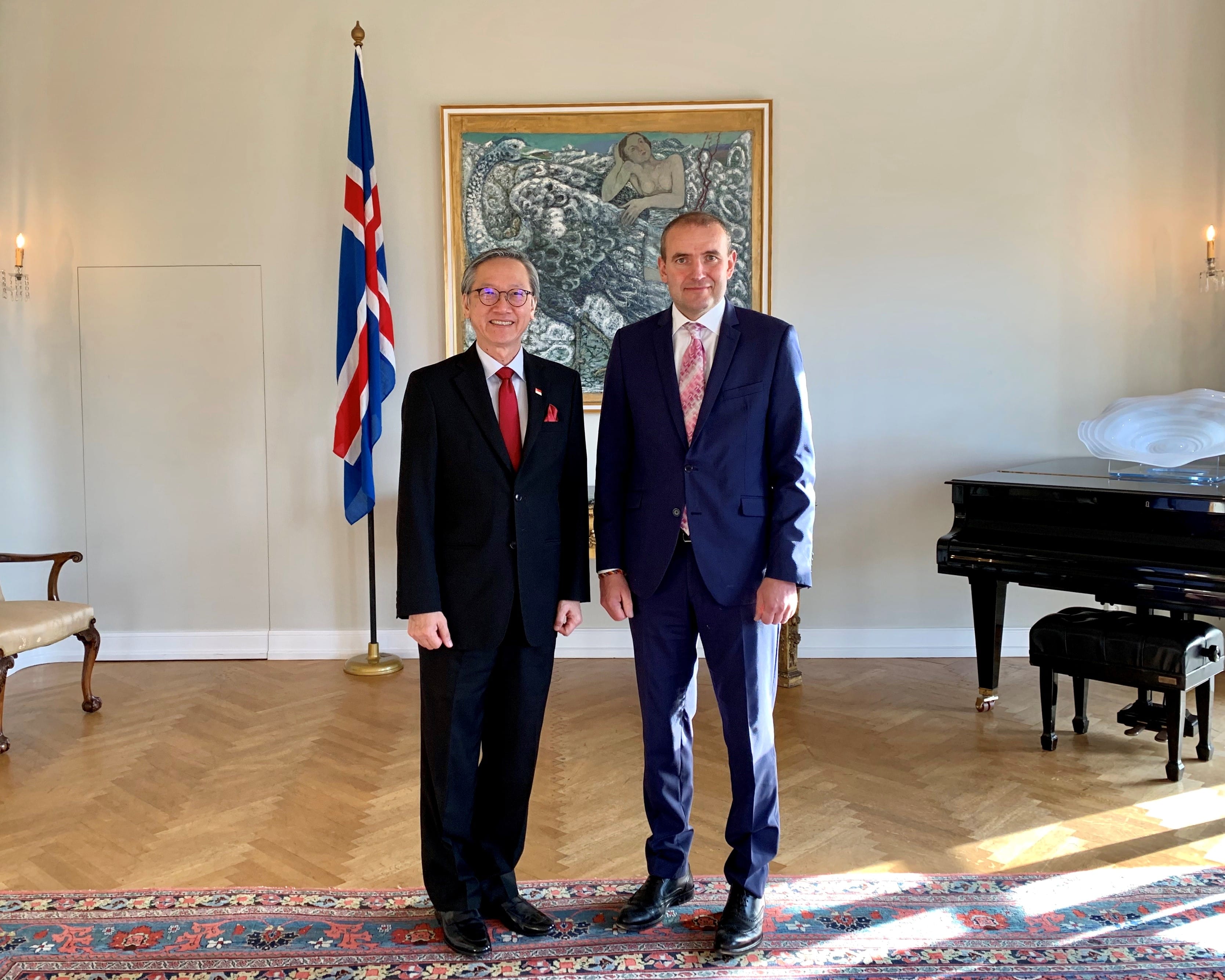 Two men in suits stand indoors near Icelandic flag, painting, piano, and patterned rug.